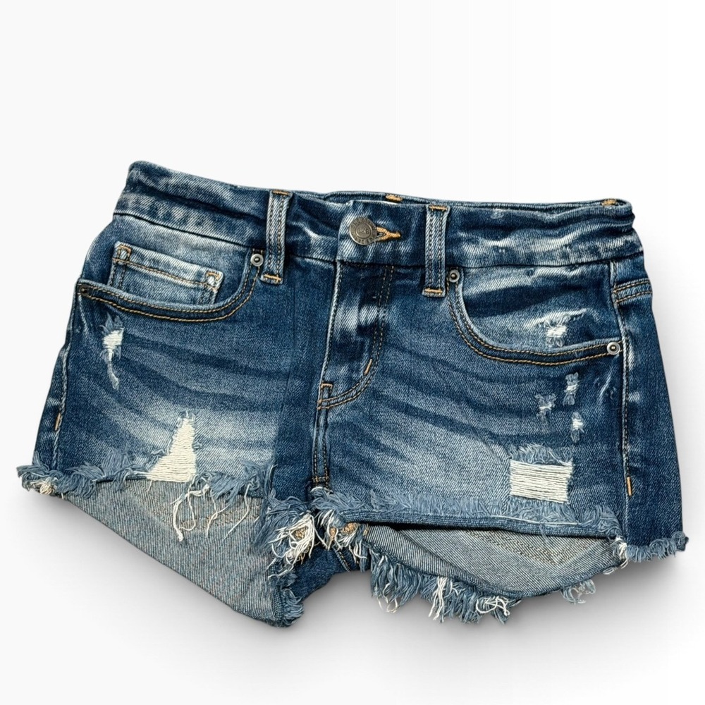 BKE Stella Distressed Denim Shorts Micro Mini Y2K Frayed Hem Size 24 Low Rise